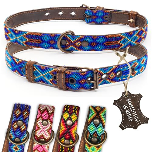 ALTEZAR Hundehalsband Leder - braunes Rindsleder Tribal Blau durchgehend Bestickt - Handgemacht in Mexiko Lederhalsband Hund - Größe L - für große Hunde