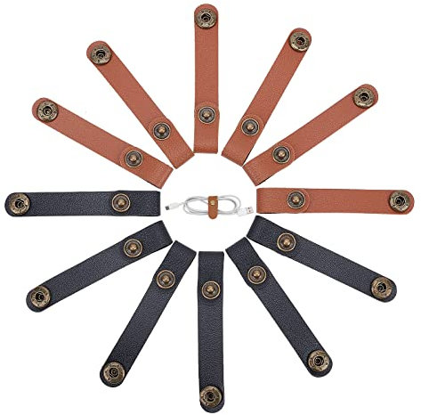 GORGECRAFT 12PCS Clips de Câble en Cuir Support USB Attaches de Fixation Fil Cordon Organisateur Rustique Keeper avec Alliage Snap Boutons Gestion des Câbles pour Voyage Maison École Bureau