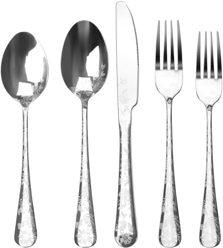 20-Piece Silverware Set, AORESAC Flatware Set for 4, Butterfly Flower Design, Mirror Polish, Forks Spoons, and Knives set for Home and Kitchen, Dishwasher Safe (Silver)