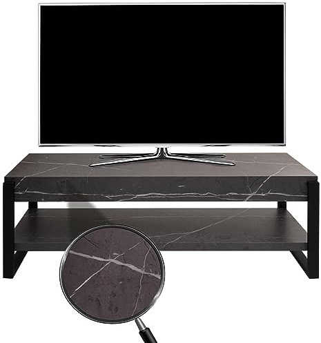 Mendler TV-Rack HWC-L53 Metall 42x120x44cm - Marmor-Optik grau | Fernsehtisch, Lowboard, TV-Tisch
