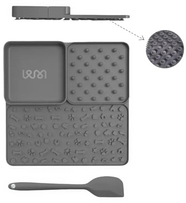PAWMERCE 3-in-1 Licking Mat for Cats and Dogs - Slow Feeder & Anxiety Relief, Silicone with Suction Cups, Peanut Butter Spatula Included. Promotes Dental Health & Mental Stimulation (Grey)
