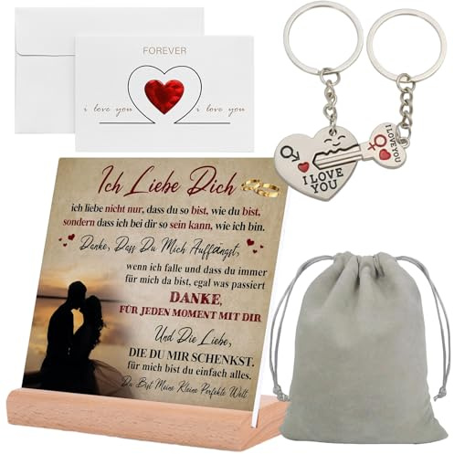 DALAETUS 5 Stück Valentinstag Set, Valentinstag Kreidetafel, Liebe Karte, Herz Schlüsselanhänger und grau Samt Tasche, Liebe Geschenk für Paar, Mann, Frau, Ihn, Sie