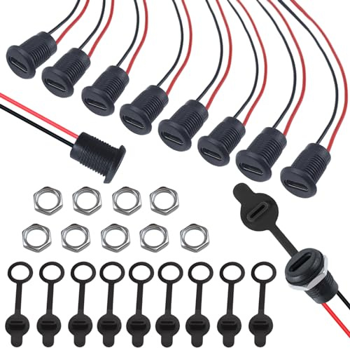 Rierousy 10 Pcs Imperméable Connecteur USB-C, 2 Fils Encastrable Connecteur USB Encastrable, USB Type C Femelle, USB C Femelle Souder avec écrous Cache Poussière