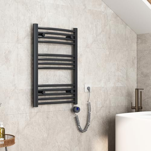 EMKE Badheizkörper Elektrisch 75 x 50 cm, Gebogen Handtuchheizkörper Elektrisch mit Thermostat, Handtuchtrockner Handtuchwärmer mit Timer Anthrazit 300W