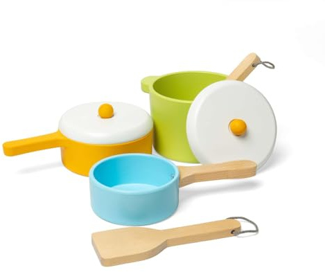 Bigjigs Toys Wooden Pots & Pans, 7 Piece Pretend Kitchen Playset