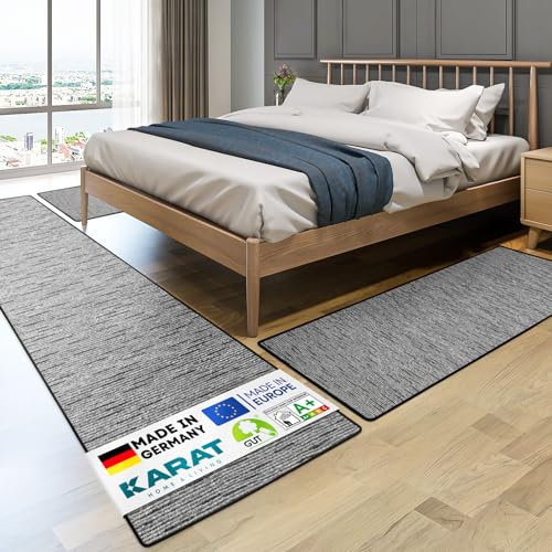KARAT Juego de 3 alfombras de cama modernas en color antracita, alfombra de pasillo para dormitorio, salón, alfombra de pasillo mullida (ancho: 67 cm, largo: 1 x 250 cm + 2 x 140 cm)