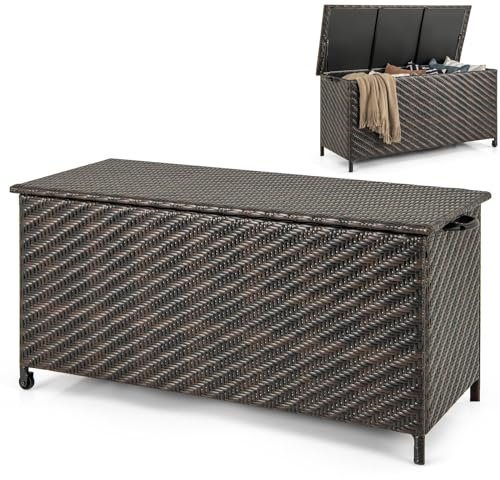 COSTWAY 320L Garden Storage Box, Waterproof Rattan Deck Box with Wheels, Handle, Zippered Liner & Gas Strut, Indoor Outdoor Patio Wicker Chest Container Table for Cushion Tool Toy (Diagonal Style)