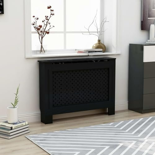 Sufrk Cache-radiateur moderne en MDF à lattes verticales en bois MDF pour salon, chambre à coucher, couloir – Noir – 112 x 19 x 81,5 cm – Taille L