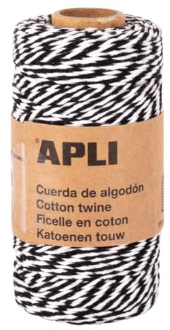APLI 19843 - Cuerda de algodón bicolor para envolver regalos, hilo negro y blanco ideal para manualidades o decoraciones en Navidad o cualquier celebración, bobina de 100x2mm