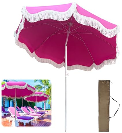 Ggipxalatyr Sombrilla De Playa 200cm Antiviento，Sombrillas Protección Solar con Ancla，sombrilla Parasol Portátil con Flecos，Grande Sombrilla De Mercado para Playa, Jardín，Trasero，Piscina
