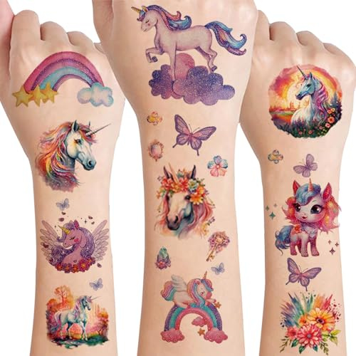 Drookaen Glitzer Einhorn Tattoo Kinder, 12 Blätter Glitzertattoos Mädchen, Wasserdichte Kindertattoos Aufkleber, Einhorn Geschenke für Mädchen, Glitzertattoos Kinder Set