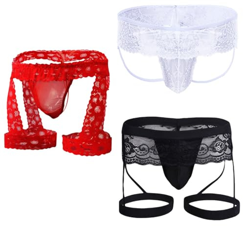 VemeFufu Perizoma Jockstrap per uomo sexy Suspensorio Pizzo Perizoma Slip Intimo Thong Sportivo Atletico Slip Traspirante Filo Elastico Mankini Maschio 3 Pack Nero Rosso Bianco, 3 confezioni