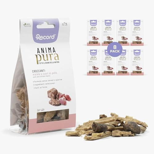 Record Snack sin Gluten de Alma Pura para Perros, 100% Naturales. Galletas Naturales cocidas al Horno con Sabor a Cerdo y Corazones de Pollo, Made in Italy | Formato Ahorro – 8 Bolsas de 75 g