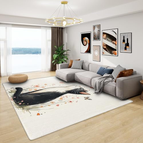 Katzen Teppich Kinderzimmer - Teppich Wohnzimmer Schlafzimmer Katzenmotiv, Kleiner Teppich Blumen Schmetterling, Weich Kurzflor & Waschbar & rutschfest Fussmatte Innen, Kinderteppich 60x90 cm