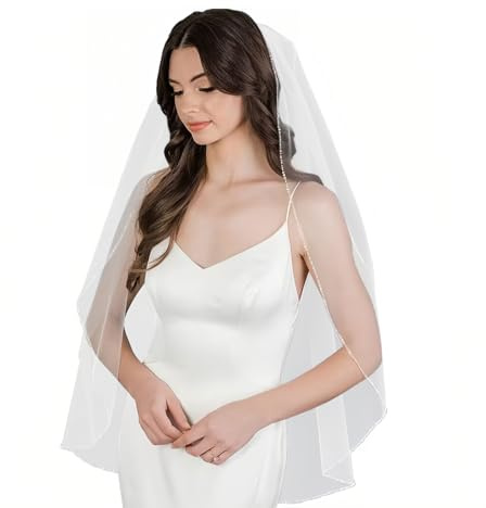 AMORARSI Brautschleier, Perlenrand, 1 Etage, Fingerspitzenlänge, Hochzeitsschleier mit Kamm, 89 cm, Weiß, 89 cm