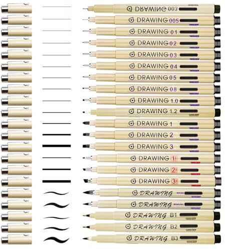 GOMETY 21 Stück Fineliner Set Schwarz mit 21 verschiedenen Linienbreiten, Fineliner zum Zeichnen, Tintenstifte, Doppelpinsel-Set für Illustration, Skizzieren