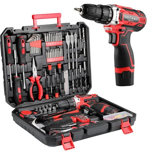 TLGREEN Complete Home Tool Kit with 12V Cordless Drill & Magnetic Bits | 138Pcs All-in-One Set for DIY, Repairs & Assembly | Durable Case & Fast Charging | Ideal for New Homeowners | Red