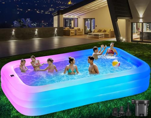 Large Solar Inflatable Pool with Lights, 130x72x22 Blow-Up Kiddie Pool with Air PUM, 7 Color Changed Family Swimming Pool for Backyard, Outdoor