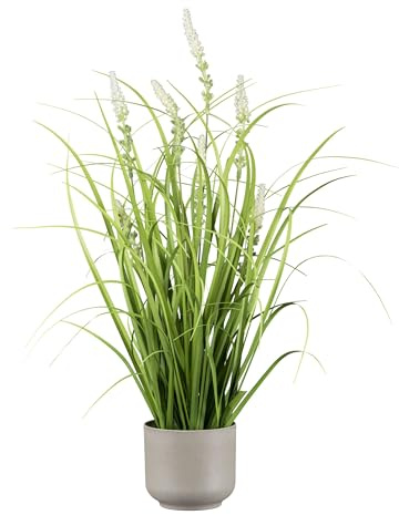 CREATIV green künstlicher Grasbusch mit Salbeiblüten im grauen Topf 48cm I künstliches Dekogras mit weißen Blüten als Frühlingsdeko I Ziergras Frühlingsdeko I hochwertige & dekorative Kunstgräser