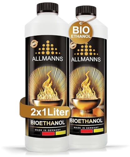 Allmanns Bioethanol 2 x 1l 100% | Bio Ethanol 100 Prozent Reiner Bioalkohol geeignet für Indoor & Outdoor | ideal für Tischkamin Tischfeuer Kaminofen Feuerstelle Feuersäule