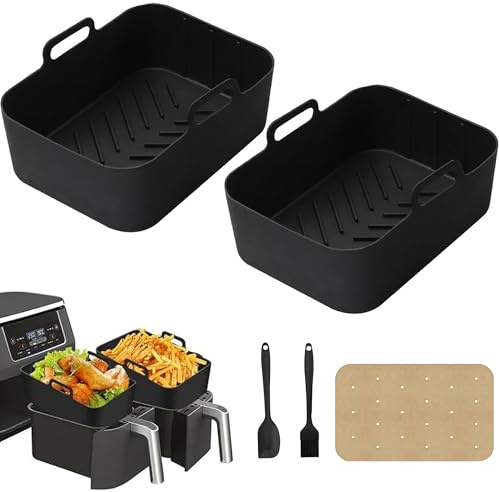 XSQD 2 Pcs Moule Silicone Air Fryer, Doublure Moule Réutilisable, Plateau Rectangulaire Airfryer, Accessoires Air Fryer, y Compris Grattoir Silicone, Brosse Silicone et 150 Feuilles de Papier à Huile