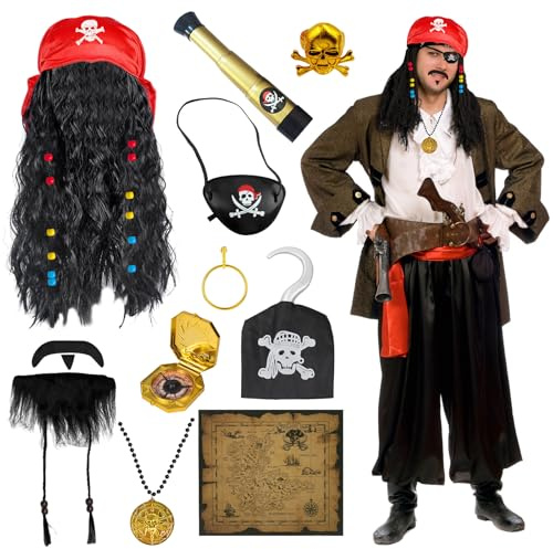 11Stück Piratenkostüm Zubehör Set, Pirate Kapitän Kostüm Accessoires mit Perücken Bandana Bärte Landkarten Teleskope Kompasse Augenmasken Halsketten Ohrringe Ringe Piratenhaken für Karneval Party