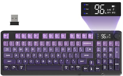 FREEWOLF M96 Kabellose Membran Gaming-Tastatur, Knopfsteuerung Bluetooth/2,4 G Kabellose, Mechanische Gefühl, LED-Backlit, Display, PBT-Tastenkappe, 3000 mAh, Win/Mac, QWERTY - Traubenlila