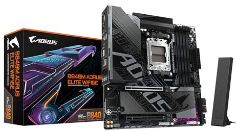GIGABYTE B840M AORUS ELITE WIFI6E Motherboard - AMD Ryzen 9000 CPUs, 10+2+2 Phases VRM, up to 8200MHz DDR5(O.C), 2xPCIe 4.0 M.2, Wi-Fi 6E, 2.5GbE LAN, USB 3.2 Gen 2