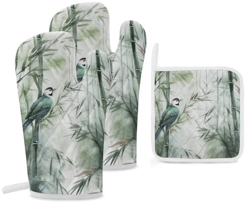 Ofenhandschuh und Topflappen-Set, Motiv: grüner Vogel zum Bemalen von Ofenhandschuhen, hitzebeständig, Mikrowellen-Handschuhe, Küchengeschenk für Frauen, Backliebhaber, Einweihungsgeschenke