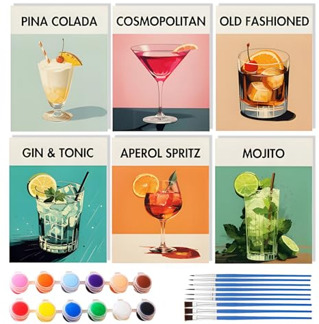 Malen Nach Zahlen Cocktail, Malen nach Zahlen Set, Cocktail-Kollektion, 6 Stück, 15 x 20 cm, Moderne Bar-Mixologie Kunst Serie (Rahmenlos, #049-6-teiliges Cocktail-Set （15 * 20cm)）