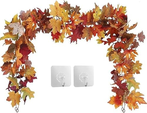 2 Pack Fall Maple Leaf Garland Hanging Fall Leaves Vine Artificial Autumn Garland Thanksgiving Decor for Home Wedding Party Halloween