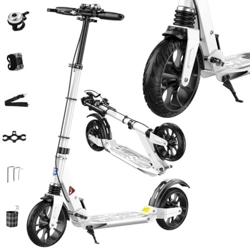 GHBXJX Tretroller Kinder ab 8 Jahre,Tretroller Erwachsene,Höhenjustierbarer & zusammenklappbarer,200mm Räder PU Big Wheel,mit Ständer Hinterradbremse,Cityroller mit Federung für bis zu 150kg,Weiß
