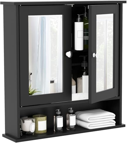 GOPLUS Armoire de Salle de Bain Murale avec Miroir, Armoire de Toilettes Suspendue, Armoire à Pharmacie avec Étagère Réglable, 2 Portes et 3 Étagères pour Salle de Bain, Entrée, 56 x 13 x 58 CM (Noir)