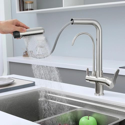 Grifo osmosis 3 vias cepillado, grifo 3 vias osmosis para cocina, grifo cocina osmosis extraible 3 en 1 con ducha extraible, doble salida, compatible filtro bajo fregadero