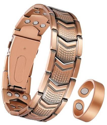 Jecanori Magnet Kupfer Armband für Herren, 3 Reihe magnetische verstellbare Herren Kupfer Armband 3.500 Gauss Magneten(Schild Textur), Ringe und Geschenkboxen