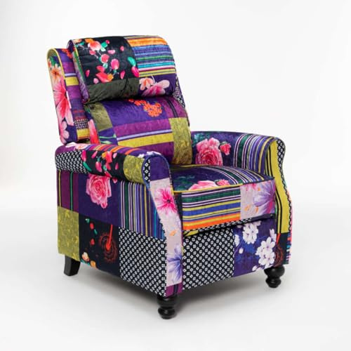 Colourful Patchwork Armchair for Living Room – Floral Manual Recliner Armchair, High Seat Wingback Recliner Chair for the Elderly, Multicoloured Patchwork High Back Seat for Relaxing Home Cinema
