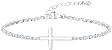 Kreuz Armband Damen Gold Tennisarmband - 14K Vergoldet Armbänder mit Zirkonia für Frauen Mädchen, Verstellbar Armkette Weißgold Plattiert Armband Silber Damen für Ostern Taufe Hochzeit (A Silber)