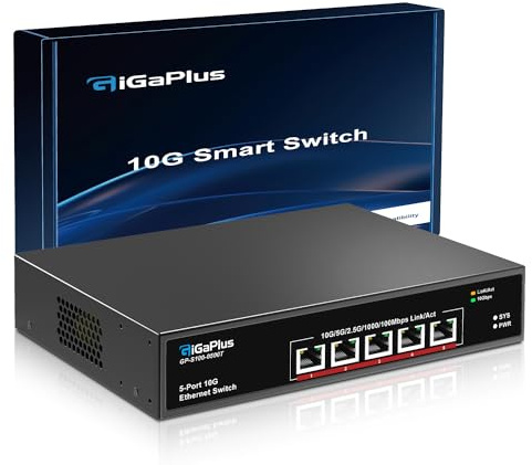 5-Port 10Gb Ethernet Switch Unmanaged with 5x10G RJ45 Ports, GiGaPlus 10Gbe Network Switch Easy for 10G NAS, PC, WiFi7 Routers, 10G NIC/Adapters. 100Gbps Switching Capacity. Desktop/19-inch Rack