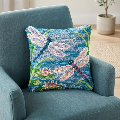 Xqzbmt Dragonfly Cushion Latch Hook Cushion Kits for Adults Beginners, Pre-Printed Canvas DIY Embroidery Cushion Cover, 17x17in Rug Making Kit Home Sofa Festive Decor & Gift