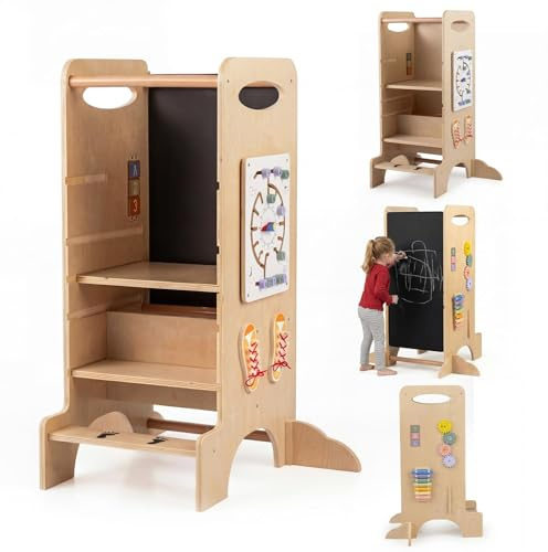 COSTWAY 4 in 1 Lernturm mit Spieltablett, Tritthocker Montessori mit 3 verstellbaren Höhen & Abnehmbarer Tafel, Trittleiter aus Buchenholz, Trittschemel für Kinder ab 3 Jahren