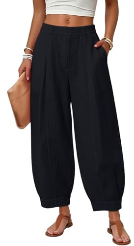 FannBiatty Pantalones Mujer Lino Cintura Elástica Barrel Capri | Tejido lino algodón transpirable, corte barrel con costuras verticales, largo capri con bolsillos, ligero para uso diario
