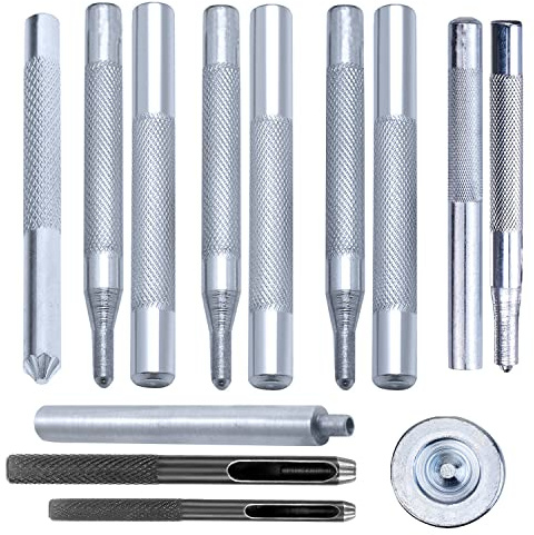 Trimming Shop 13pcs Lederhandwerk Stanze Werkzeug Kit, 2.5mm & 5mm Loch Druckknopf Jeans Knöpfe Tubular Nieten Einstellwerkzeug Set Mit Base Setter für DIY Bekleidung, Handtasche, Riemen, Jacken