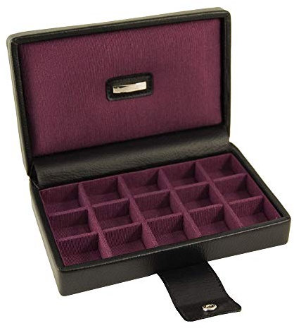 Dulwich Designs 'Park Lane' Classic Genuine Leather 15 section Cufflink Box, Executive Black with Purple Grosgrain Lining
