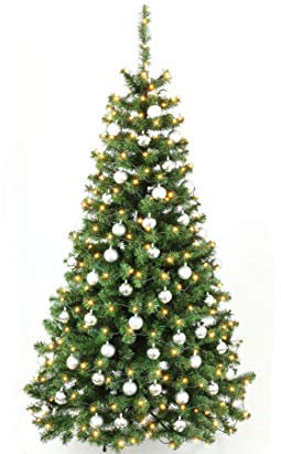 Künstlicher Weihnachtsbaum Christbaum 210cm hoch mit Christbaumkugeln Silber und LED-Beleuchtung geschmückt - PVC-Tannennadeln B1 schwer entflammbar