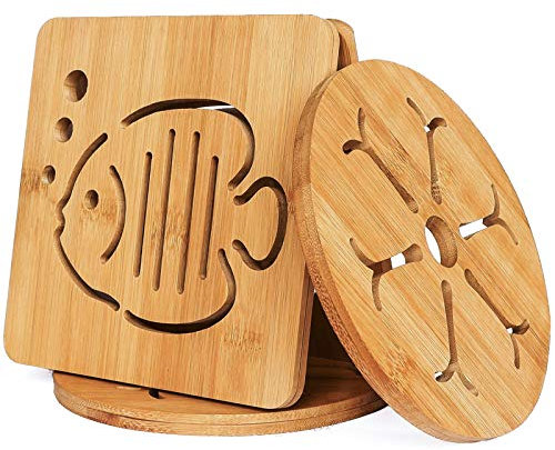 Conisy Sottopentola in bambu Naturale,Set di 4 Sottopentole Antiscivolo Resistenti al Calore per Cucina Piatti Caldi, pentole e padelle(16cm)