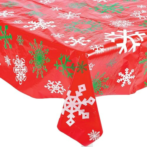 Fun Express Red Snowflake Printed Tablecloth Roll for Christmas (100 feet Long and Disposable) Party Supplies