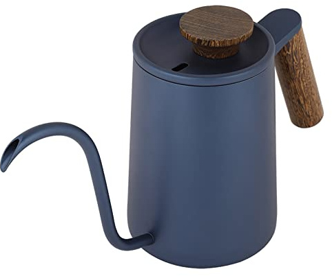 Hervidor de café para verter de 600 ml, cafetera de acero inoxidable, hervidores de té, pico de cuello de cisne para un vertido de precisión con mango de madera(Azul)