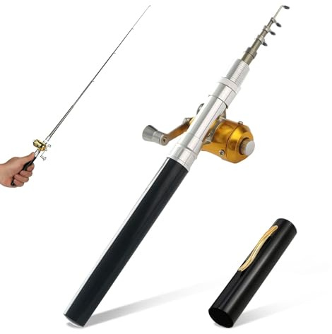 Cyrank Mini Penna Tascabile Canna da Pesca,Penna da Pesca telescopica Portatile con Mulinello da Pesca,Set di Mulinelli da Pesca Tascabili Collassabile per Acqua salata,Mini Canna da Pesca Telescopica