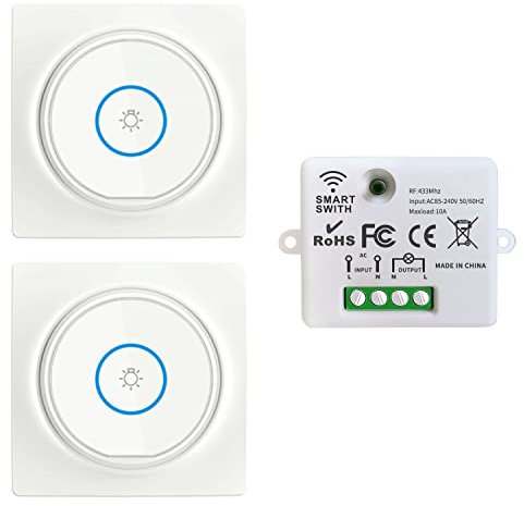 Tedeligo Wireless Lights Switch Kit(1Receiver 2Switch),No need Battery wall switch,Easy to Install AC 220V 230V 240V 10Amp 2000W Mini Receiver Control for Lights Lamps Fans Appliances