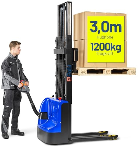Pallit Transpaleta Eléctrica de Altura Alta Budget-M | Altura de Elevación de 3000 mm | Capacidad de Carga de 1200 kg | Incluye 2 Baterías de Plomo-Gel | Montacargas Eléctrico